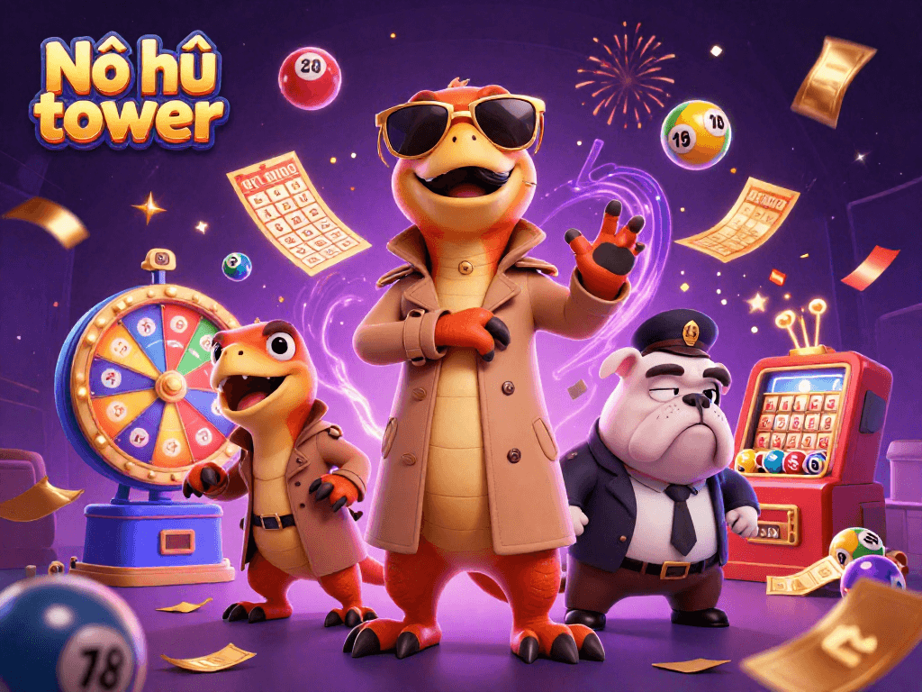 Nổ hũ tower game features cartoon raptors attempting a casino sneak, dynamic lottery elements and festive visuals.