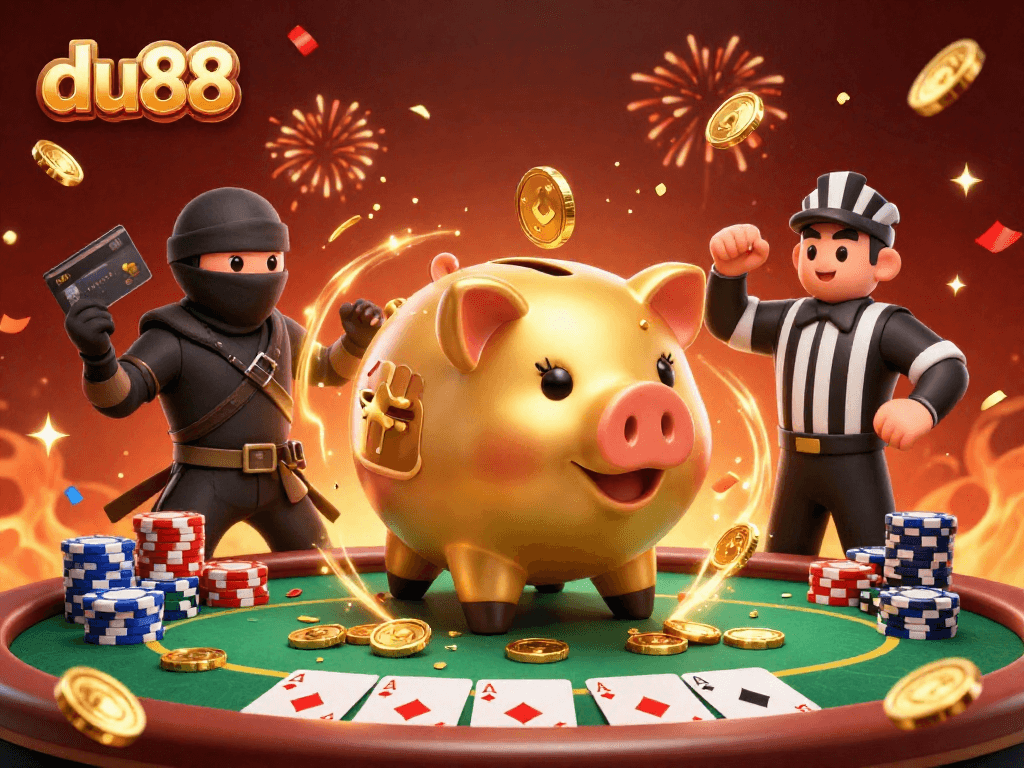 Experience vibrant poker action at du88 with characters and rich casino elements in a festive scene.