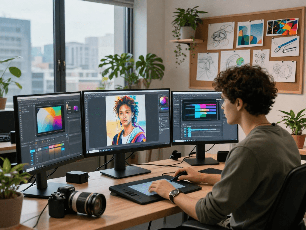 NSFW AI-generated artwork in a modern tech studio, showcasing creative digital art processes.