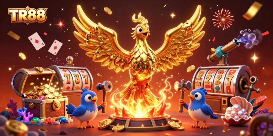 Engage with TR88's thrilling online casino experience featuring explosive gold coins, vibrant slot elements, and dynamic characters.
