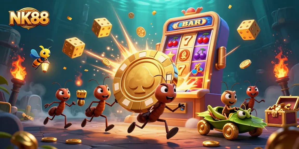 NK88 showcases a heist-themed casino illustration with playful ants and vibrant gaming elements.