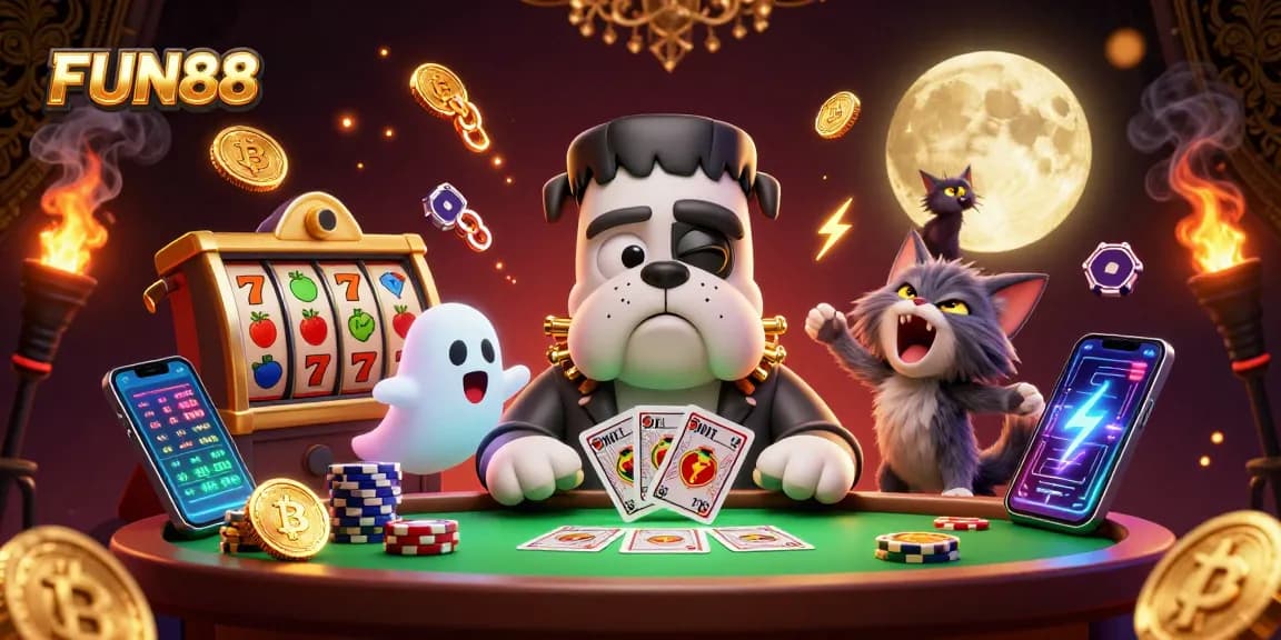 Play fun casino games with FUN88 featuring a lively 3D illustration of characters and gambling elements.