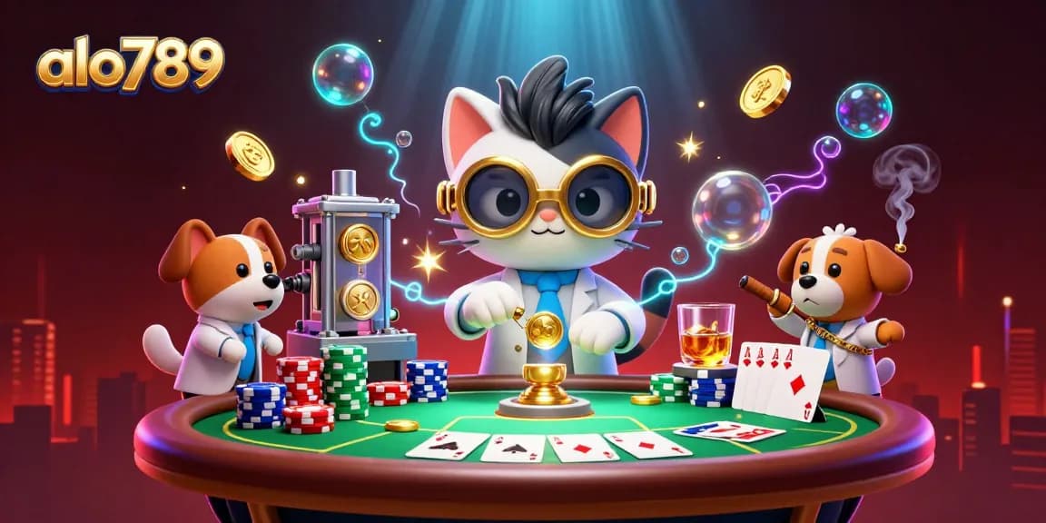 Engage with aloha789 through a vibrant casino scene showcasing thrilling poker action, with a mad scientist cat.