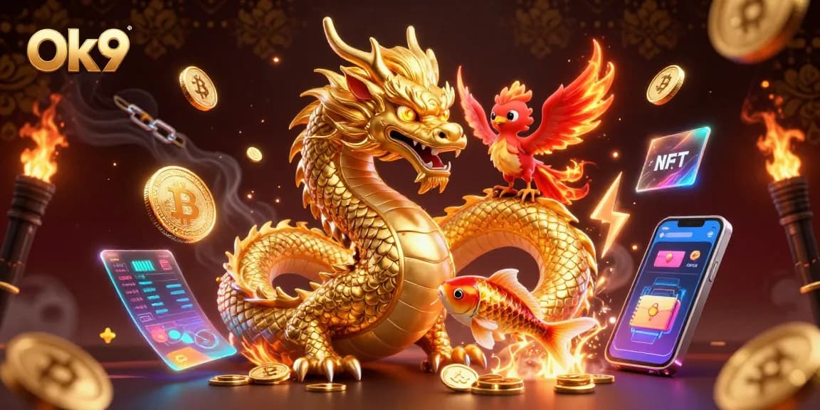 Experience the thrill of gaming at Ok9 with a vibrant 3D casino scene showcasing dragons, koi fish, and cryptocurrency.