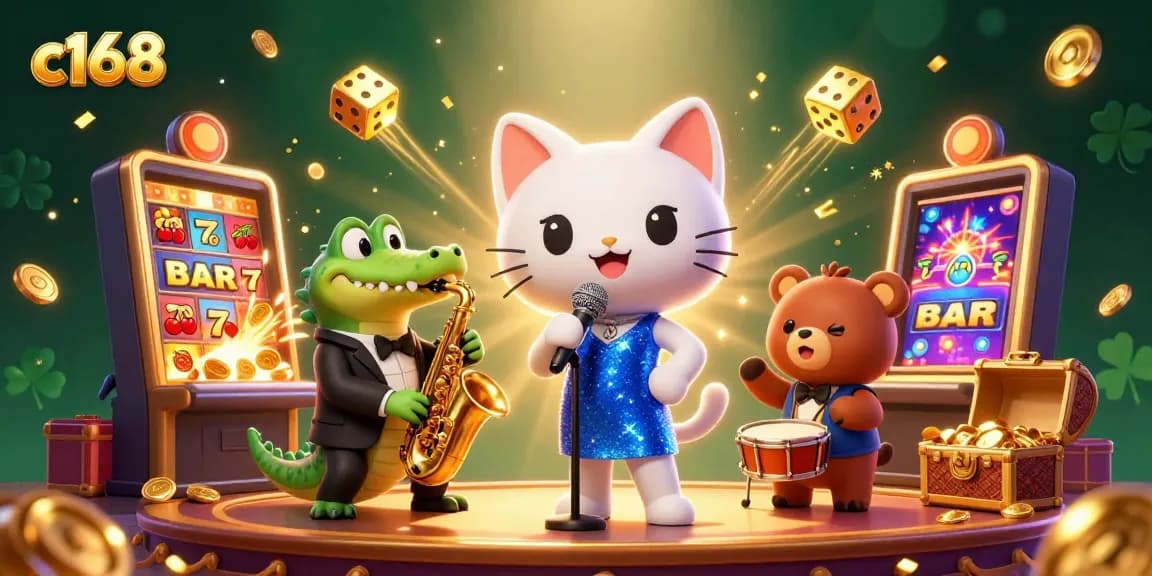 Spin the c168 jackpot with vibrant cartoon characters in a lively casino celebration.