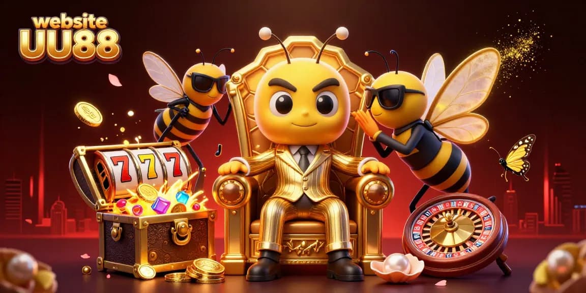 Experience the excitement on the website UU88 with a vibrant 3D casino scene filled with games and treasures.
