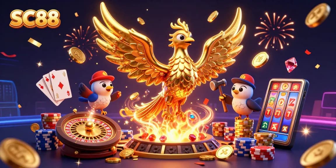 Experience thrilling gameplay at SC88 with a vibrant illustration of a golden phoenix and casino elements.