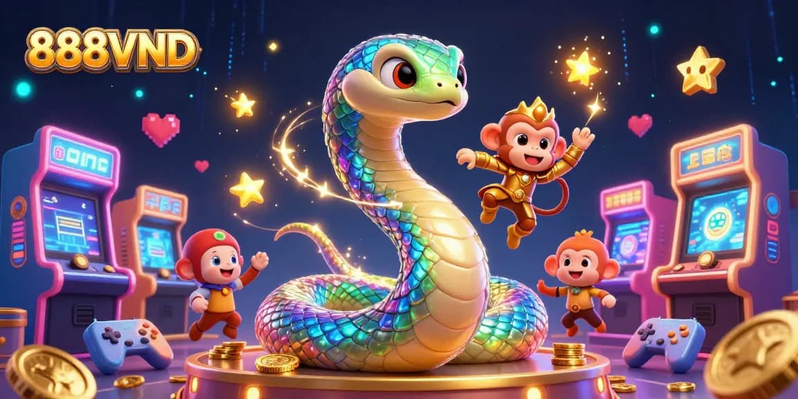 Win big at 888VND with vibrant gaming visuals featuring a golden monkey king and a rainbow serpent.