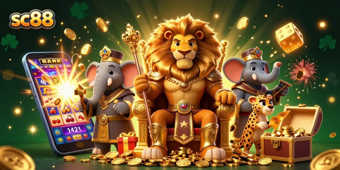 Engage with sc88's vibrant casino scene featuring a lion king, elephant advisor, and cheetah messenger.