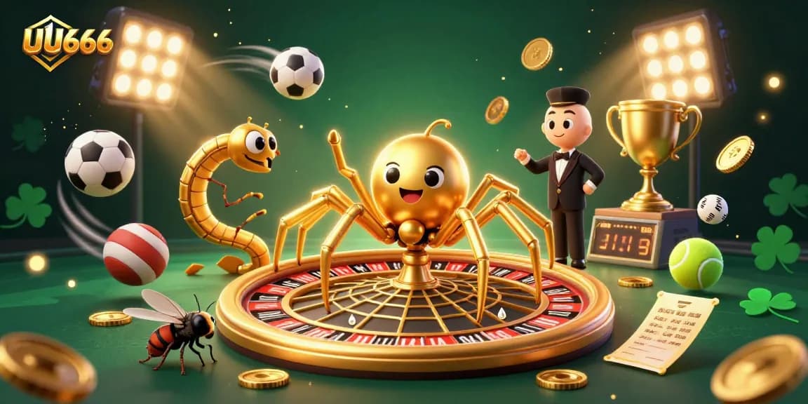 Fly nervously bets at UU666, surrounded by a spider and centipede in a casino scene.