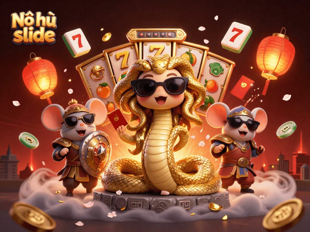 Nổ hũ slide captivates with 3D characters celebrating big wins surrounded by slot game elements and confetti.