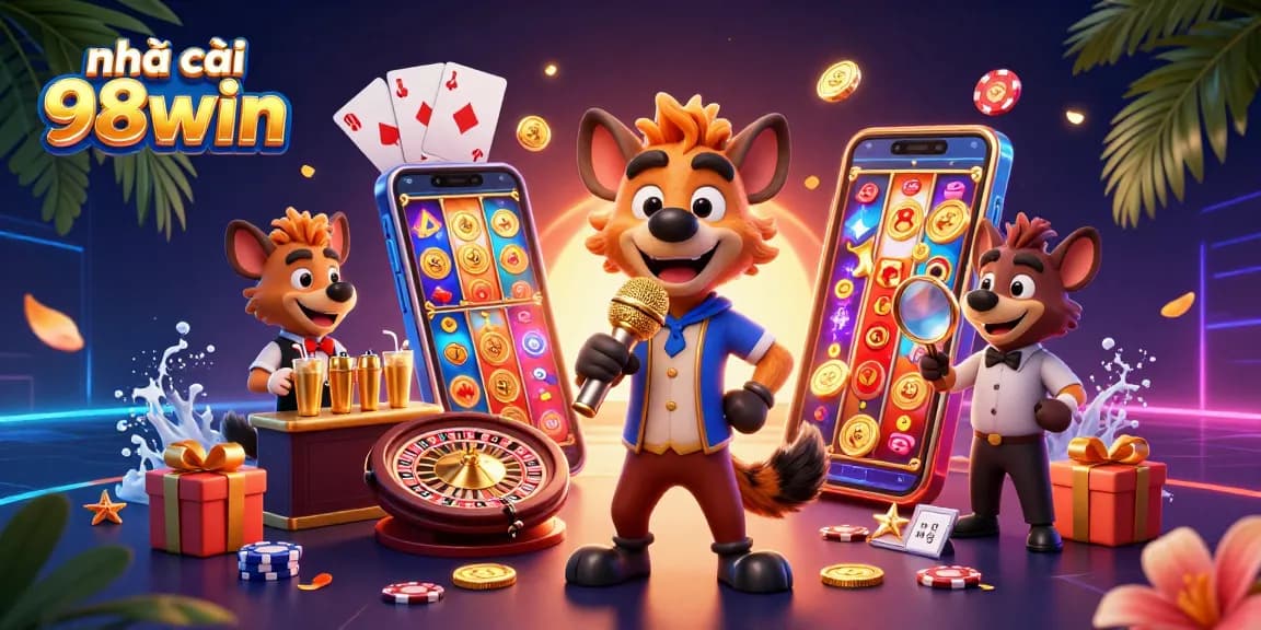 Experience the excitement at nhà cái 98win with a lively 3D casino scene featuring hyenas and games.