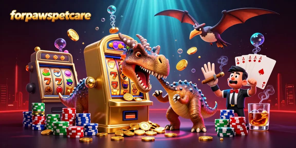 forpawspetcare reels in jackpot coins with a dinosaur and pteranodon amidst vibrant casino excitement