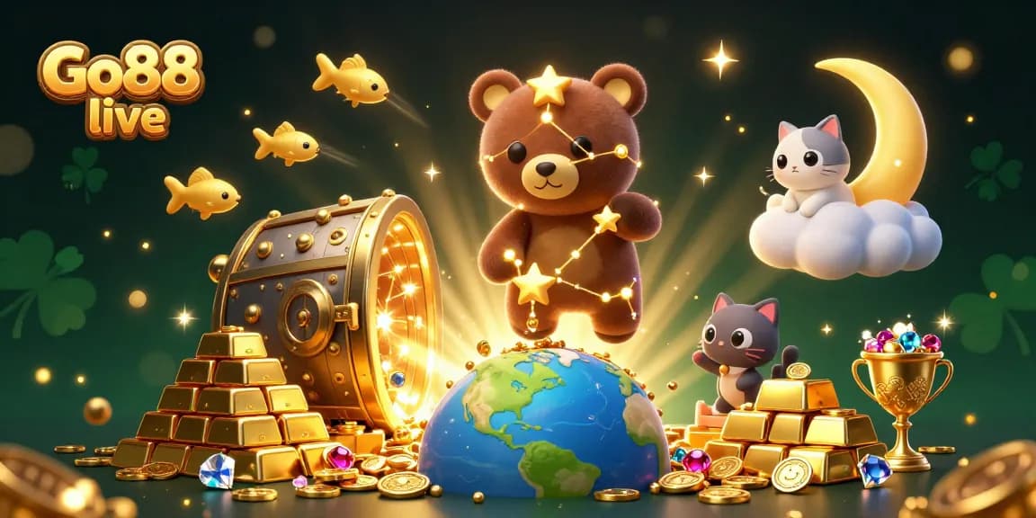 Experience the magic of Go88 live with constellation bear and treasure in a vibrant casino scene.