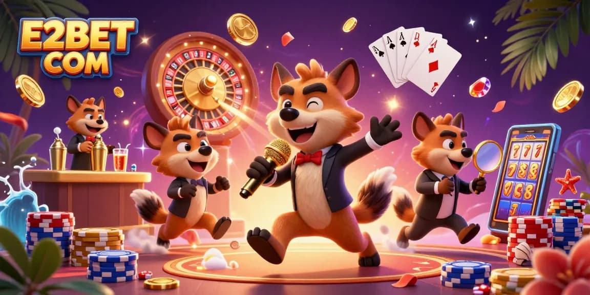 Experience thrilling action and fun at E2BET COM with a vibrant casino atmosphere featuring multiple engaging characters.