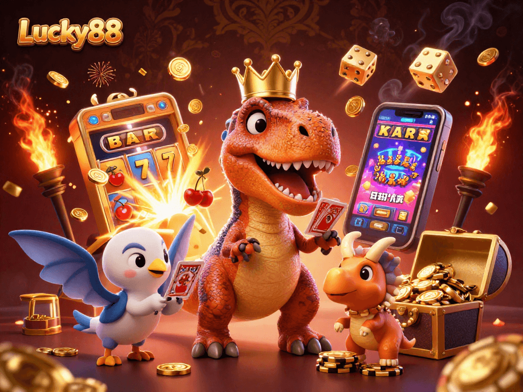 Experience thrilling gameplay with Lucky88 featuring a friendly T-Rex and vibrant casino elements.