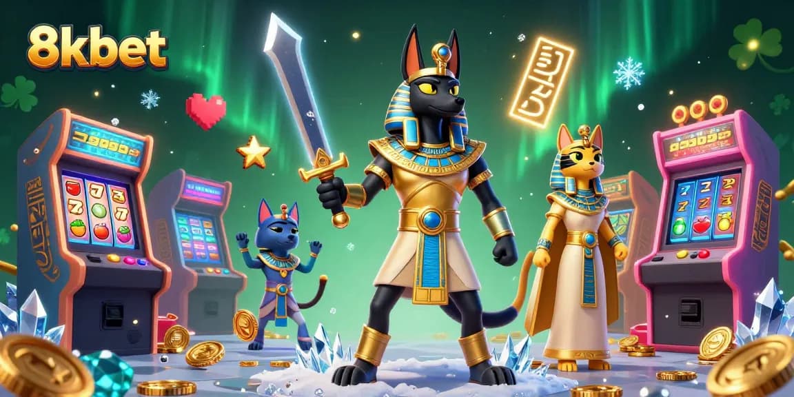 Play thrilling casino games with 8kbet featuring Anubis and Bastet in a vibrant 3D illustration.
