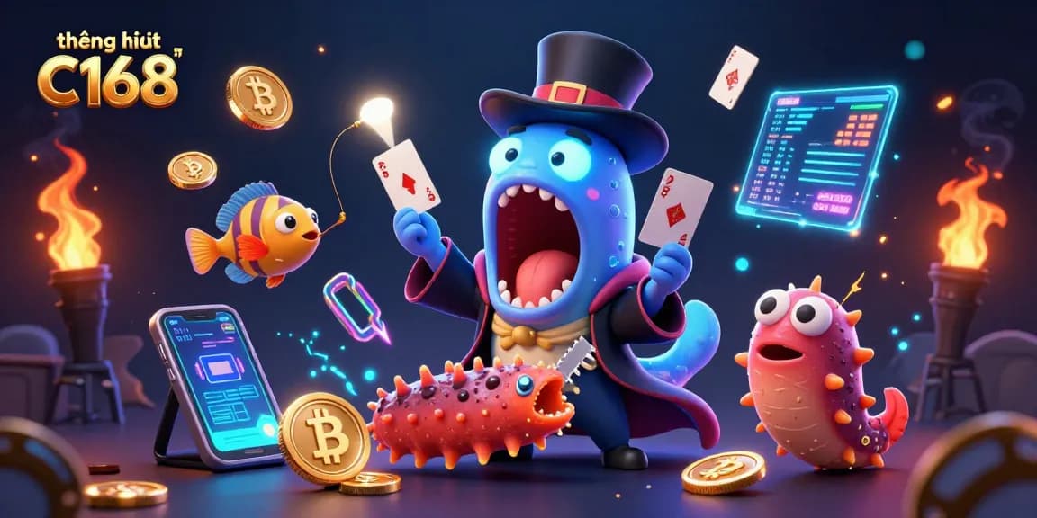Experience thrilling card tricks and magic in this vibrant scene celebrating thương hiệu C168 with unique sea creatures.
