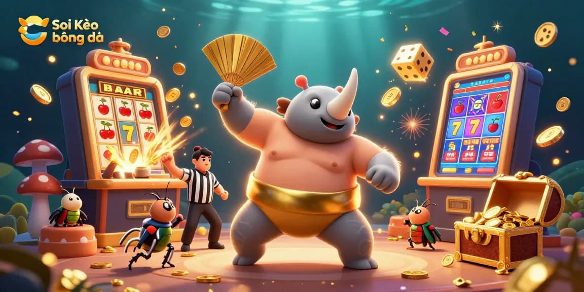 Soi Kèo bóng đá scene featuring a cartoon rhinoceros beetle champion, coins flying amidst vibrant casino elements.