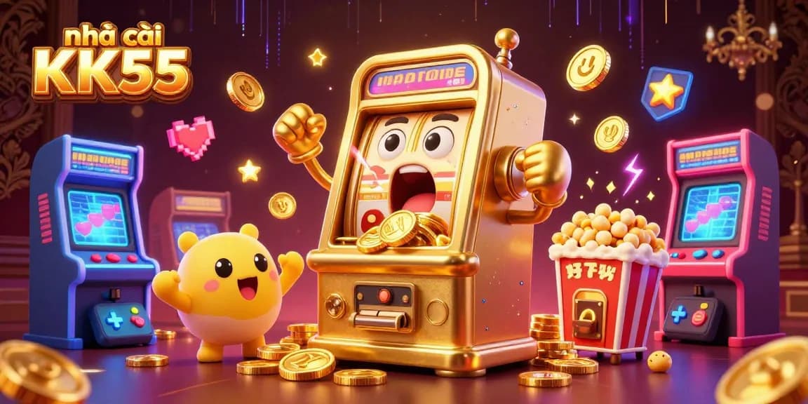 The golden slot machine celebrates winning at nhà cái KK55 as colorful arcade elements surround it.