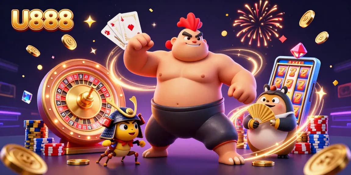 Engage with U888's thrilling casino games amidst dynamic characters and vibrant visuals.