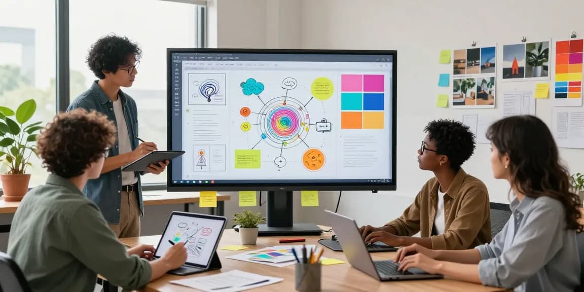 Team collaborating using mixboard AI on digital interface in vibrant workspace