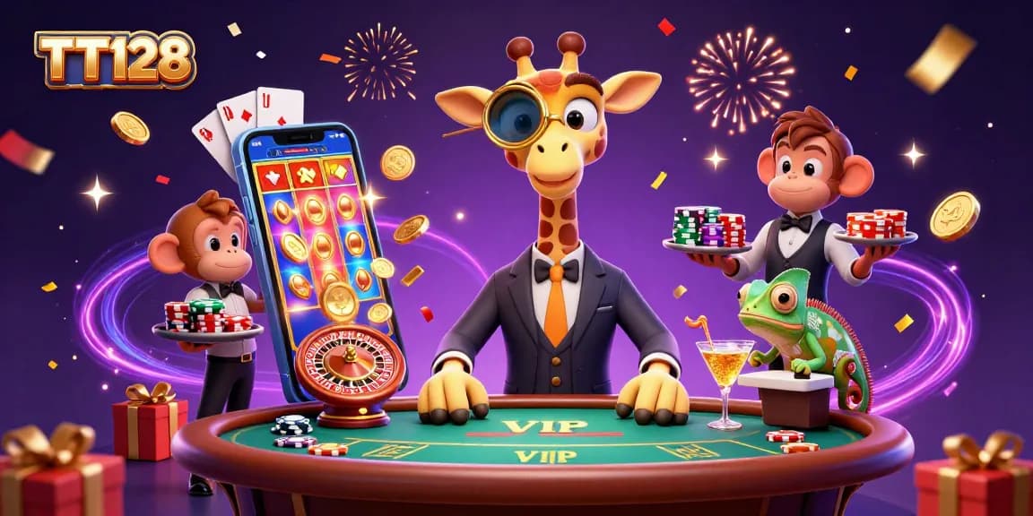 TT128 offers vibrant gaming action with a high-roller giraffe and animated casino elements.