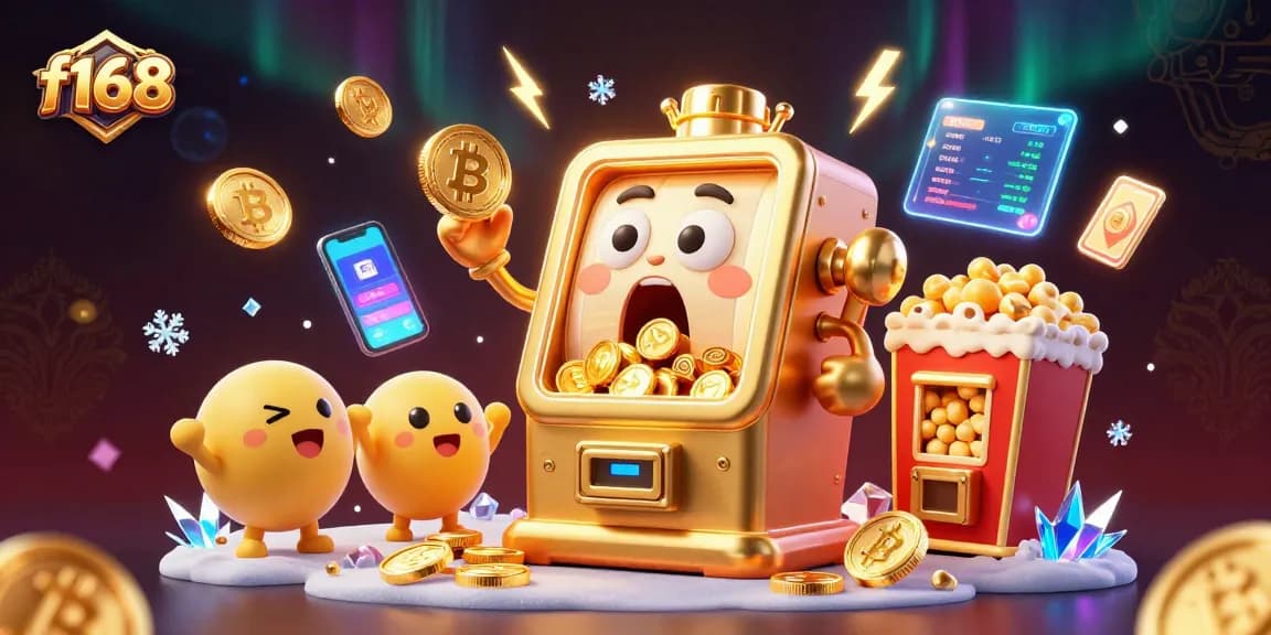 Engage with f168's exciting slot machine jackpot celebration amidst crypto elements and vibrant animation.