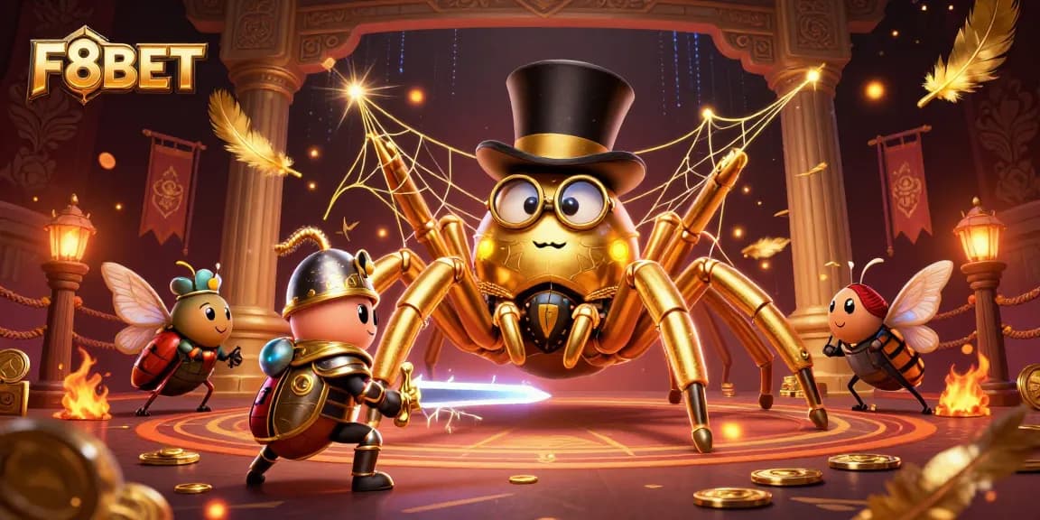 F8BET presents a golden tarantula and beetle knight in a dynamic casino scene with rich elements.