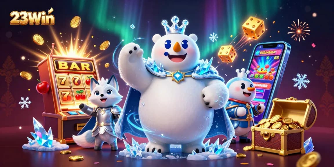 Experience the excitement of 23Win with dynamic gaming elements and vibrant 3D illustration.