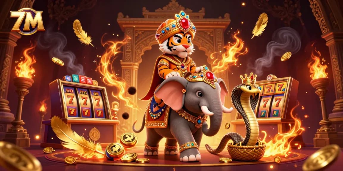Experience the excitement of 7M with an enchanting elephant and tiger in a vibrant casino setting.