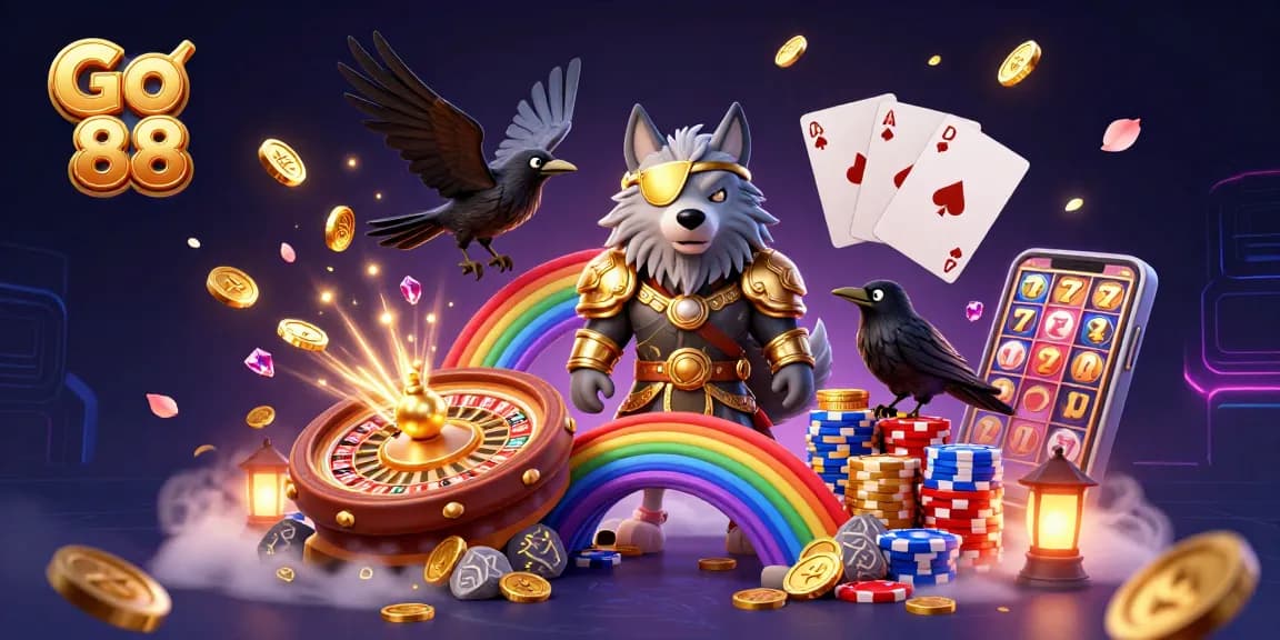 Experience Go 88's thrilling gaming atmosphere with Odin and his ravens amidst vibrant casino elements.