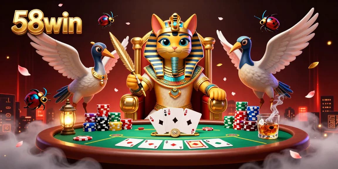 Engage with 58win's stunning casino scene featuring an Egyptian pharaoh cat and dynamic game elements.