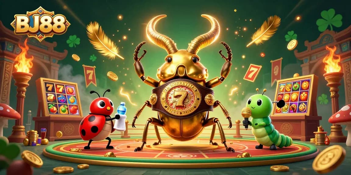 BJ88 shows a dynamic casino scene featuring a golden stag beetle and a ladybug in a heavyweight boxing setup with slots and jackpot elements.