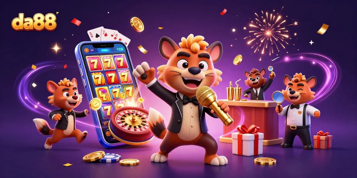 da88 hyenas perform in a packed comedy casino club with vibrant games and golden coins