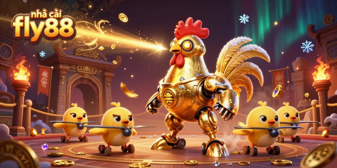 Experience the excitement of nhà cái fly88 as golden rooster robot engages in an epic gaming adventure.