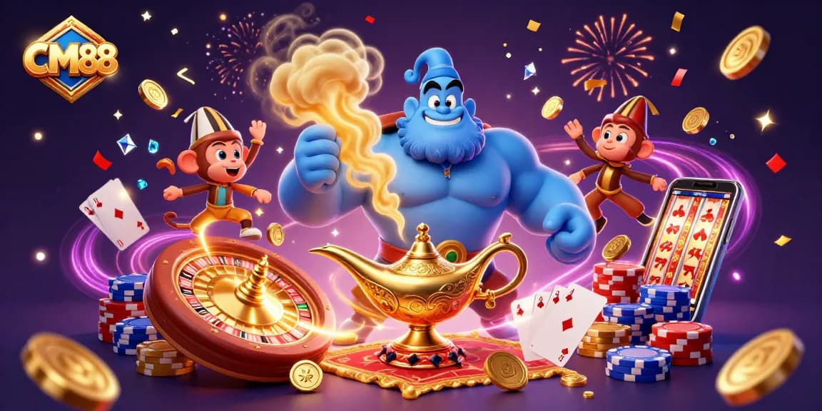 CM88's exciting 3D scene showcases a genie, coins, and lights celebrating winning moments.