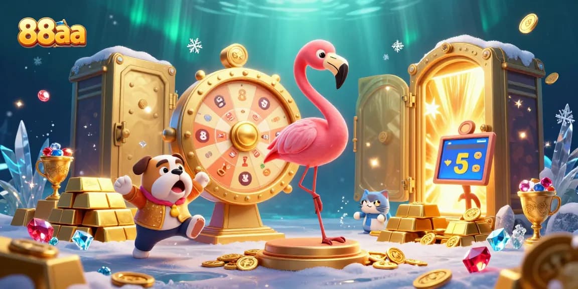 Join the fun at 88aa as the flamingo host spins the prize wheel amidst a treasure-filled scene