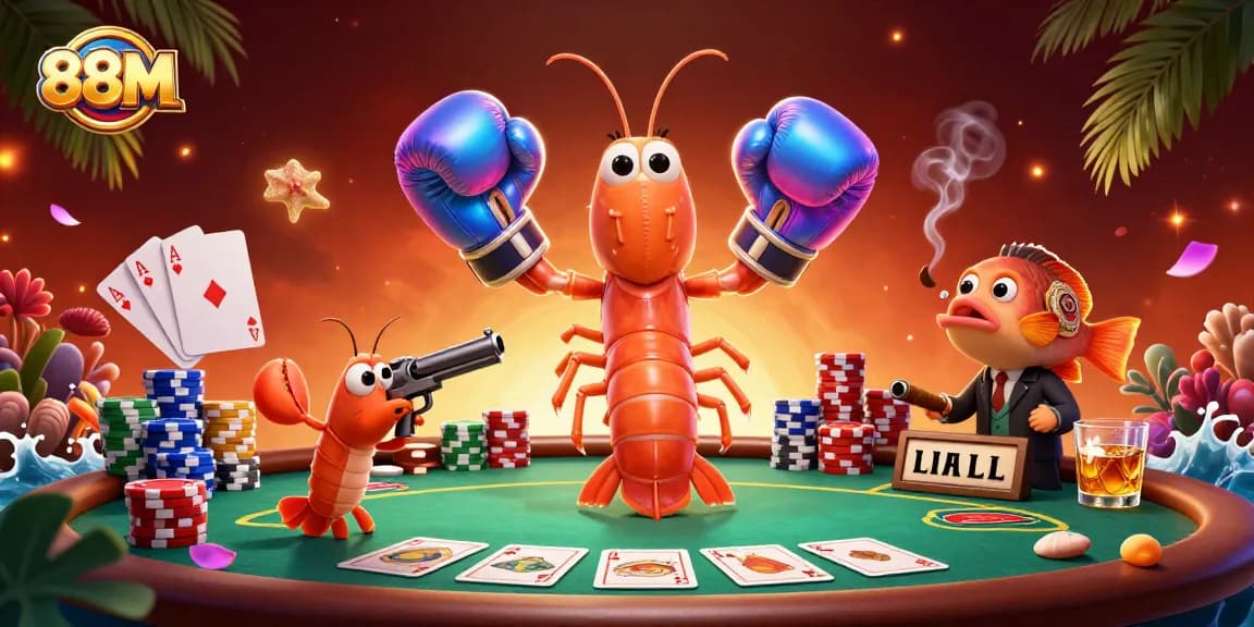 Experience thrilling poker action with 88M in a vibrant underwater themed illustration featuring colorful characters.