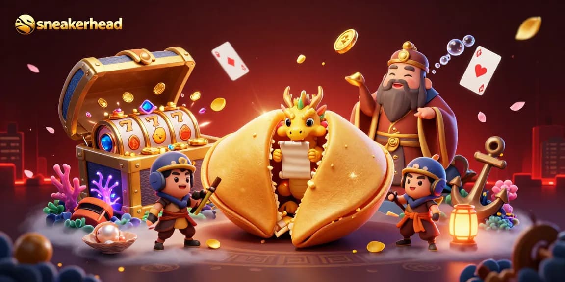 Sneakerhead illustration showcasing luck with spinning slot reels and a dragon guarding treasures
