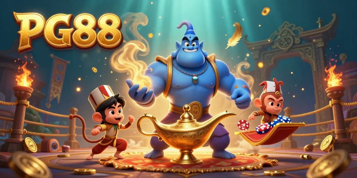 Experience the excitement at PG88 with a vibrant illustration featuring a genie, monkey, and magic carpet amidst casino elements.