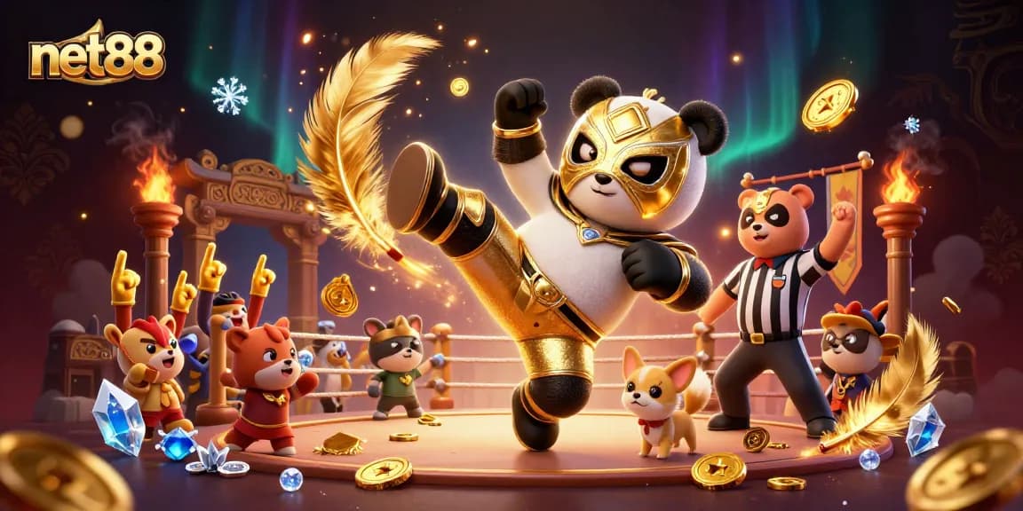 Experience thrilling bets in net88 with panda wrestling and vibrant crowds in an adrenaline-filled scene.
