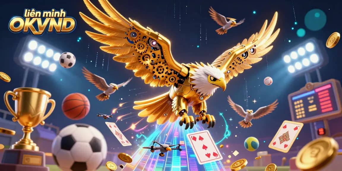 Experience the thrilling dynamics of liên minh OKVND with a cybernetic eagle soaring through a vibrant casino scene.