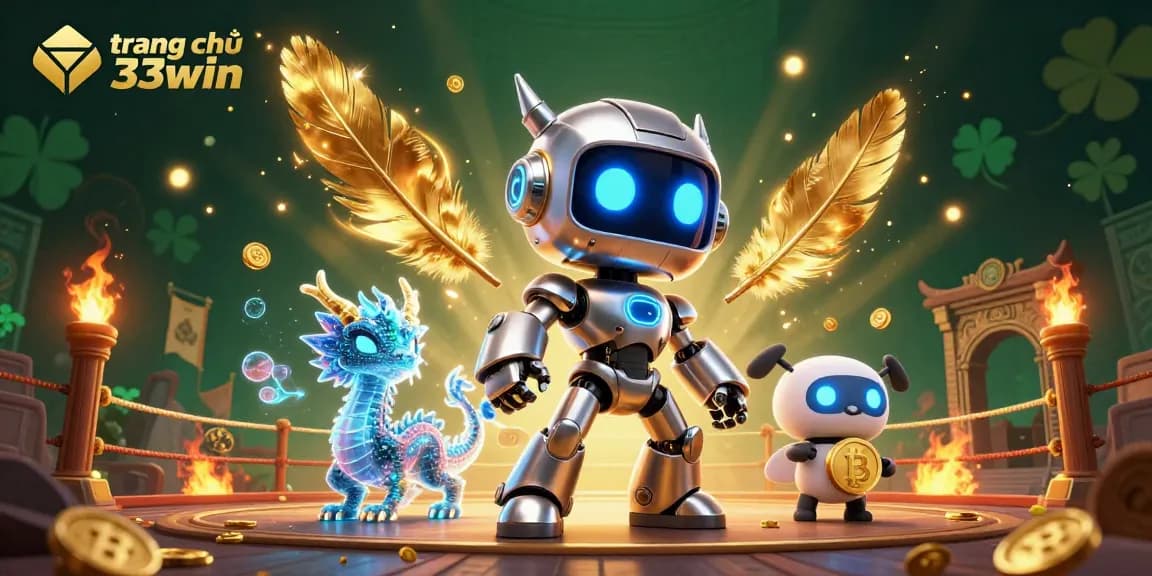 Experience the vibrant world of trang chủ 33win as a neon robot and AI dragon delightfully navigate a colorful casino scene.