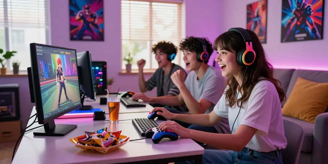 Friends enjoying real ecchi games in a vibrant gaming room, showcasing excitement and modern gaming culture.