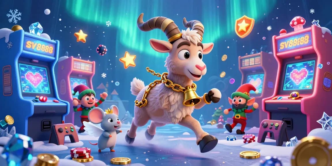 Engage with thrilling games at sv8888, where a Krampus goat and angel mouse create a fun casino atmosphere.