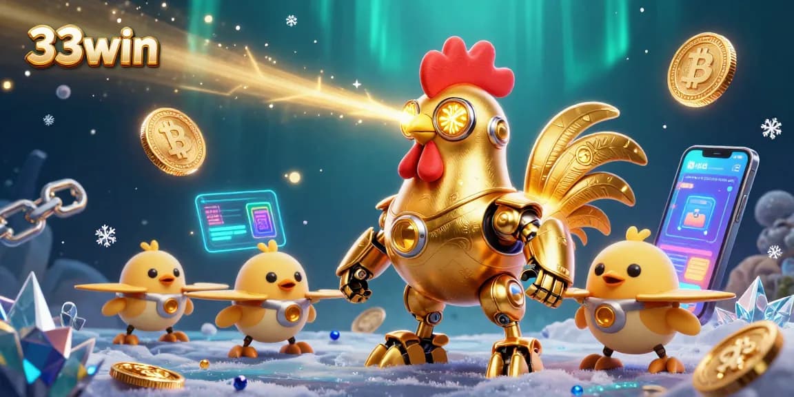Experience the excitement of 33win with a golden rooster robot amid vibrant game elements.