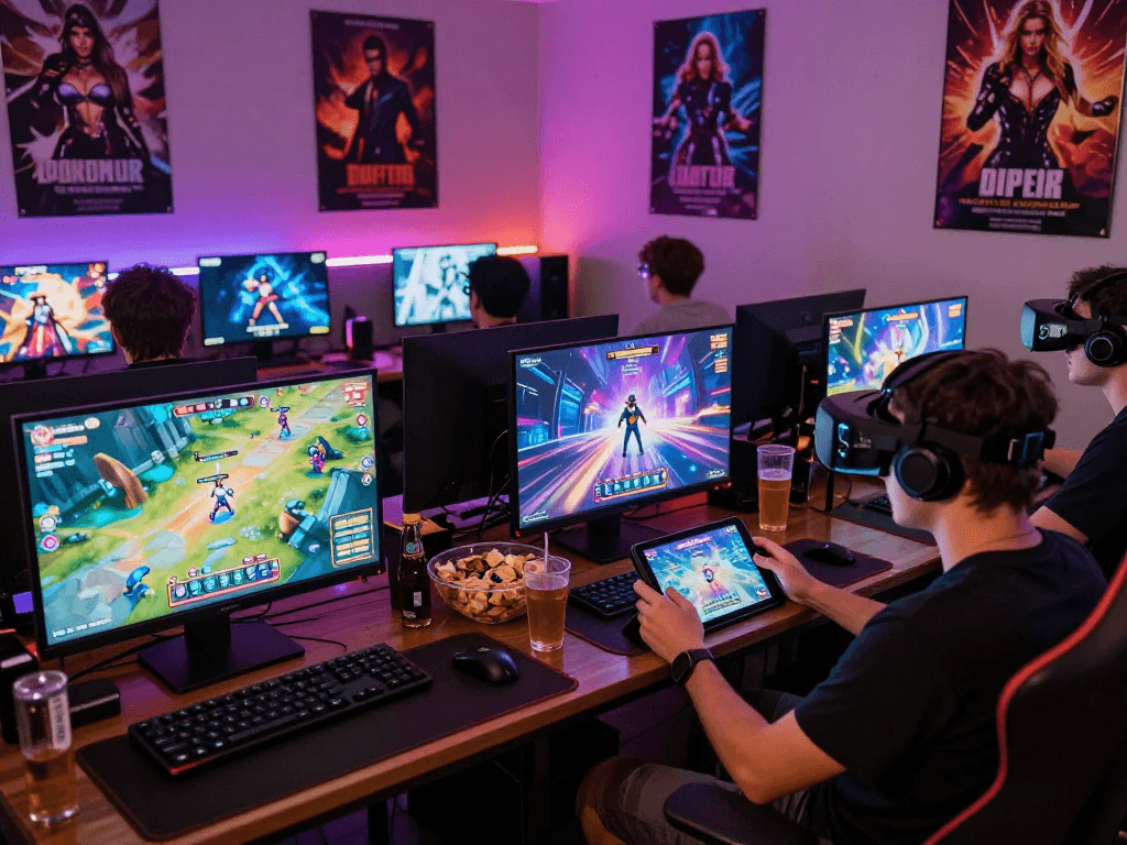 Engaged players enjoying various porn games in a vibrant gaming lounge.