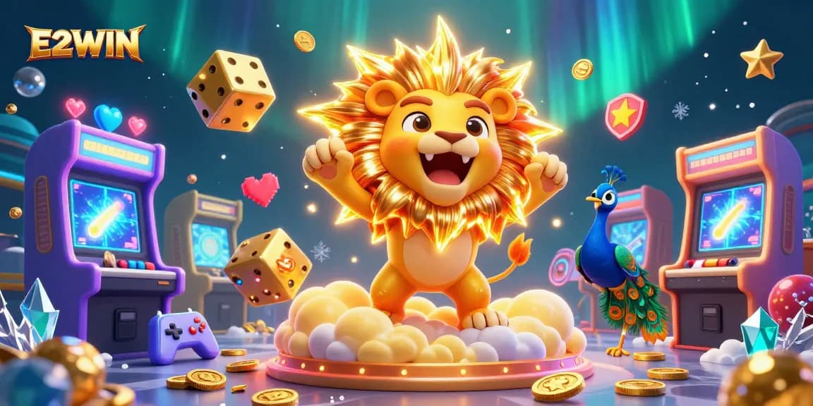 E2WIN's vibrant online casino experience featuring a roaring sun lion and colorful gaming elements.