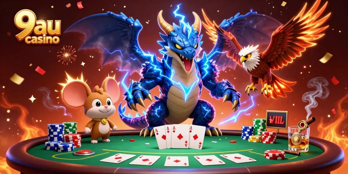 Engage with 9au casino's thrilling poker scene featuring dynamic characters and vibrant elements.